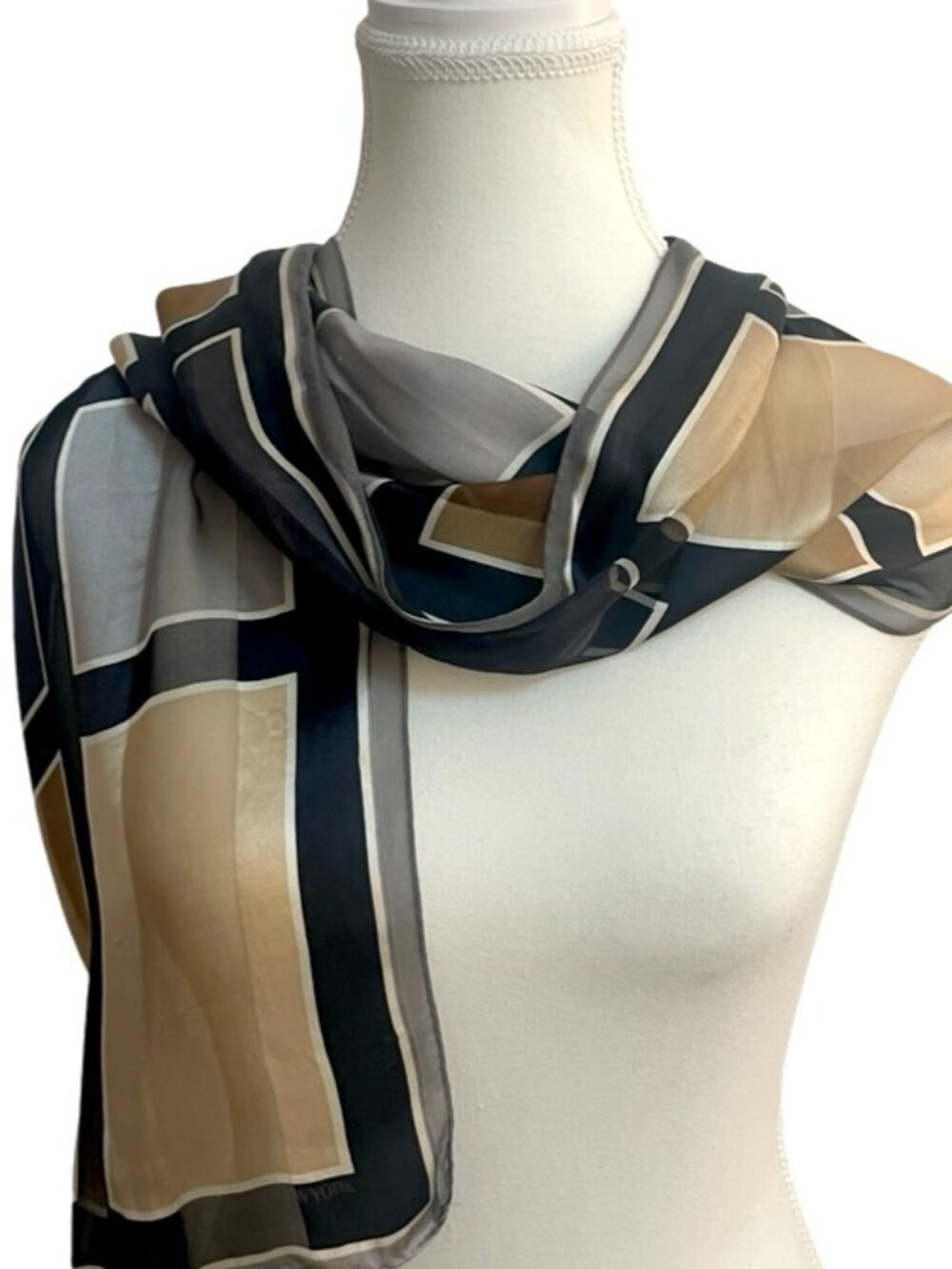 Jones New York 100% Silk Scarf Made in Japan Neutral Geometric 11 x 51